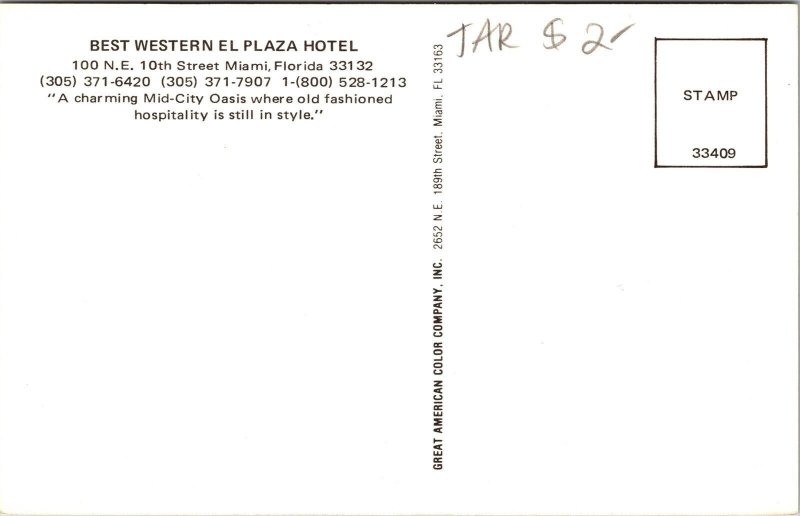 Front View Best Western El Plaza Hotel Miami Florida FL Cars Postcard Unused UNP 