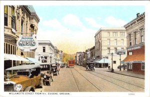 Eugene, OR Oregon  WILLAMETTE STREET SCENE Morris Music House ca1920's Postcard