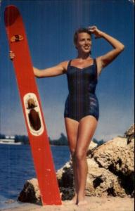 Bathing Beauty w/ Water Ski Posing Postcard