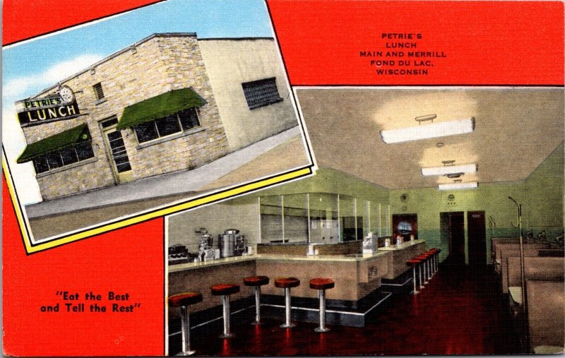 Linen Postcard Petrie's Lunch Restaurant in Fond Du Lac, Wisconsin