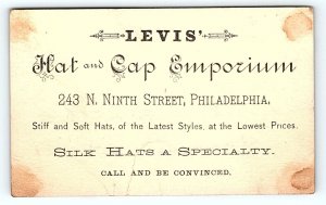 c1880 LEVIS HAT AND CAP EMPORIUM PHILADELPHIA PA RARE VICTORIAN TRADE CARD P1746