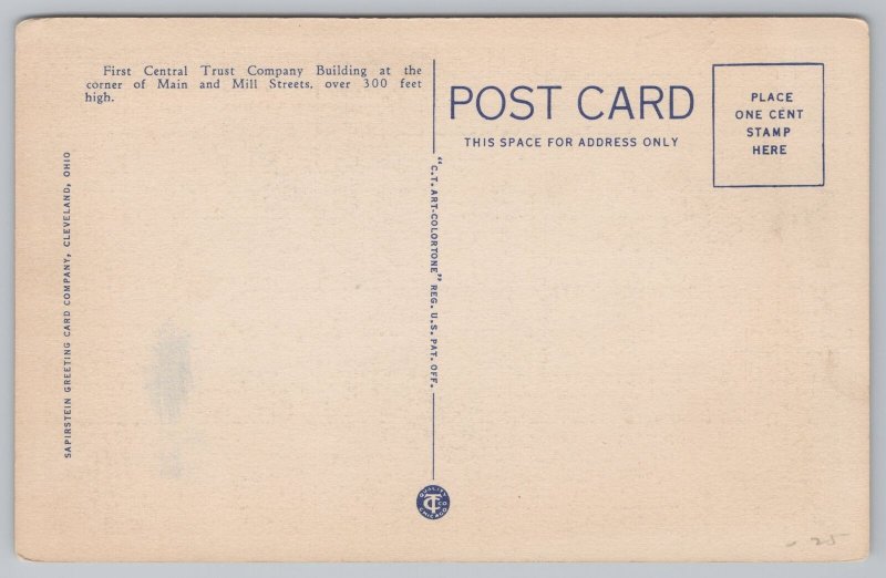 Linen~Akron Ohio~First Central Trust Building~Night Lights~Vintage Postcard