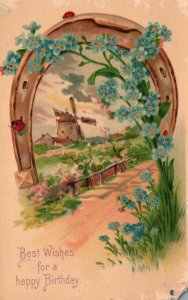 Vintage Postcard Best Wishes For A Happy Birthday Landscape Forget Me Not Flower