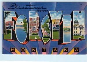 Large Letter Linen FORSYTH, MONTANA  MT ~ Multi View c1940s Hafstrom Postcard