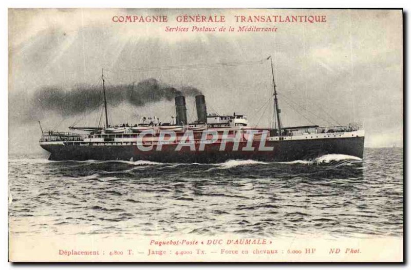 Old Postcard Boat Ship Post Duke & # 39Aumale Compagnie Generale Transatlantique