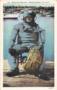 Diver Diving Suit Sponge Basket Tarpon Springs Florida 1930s postcard
