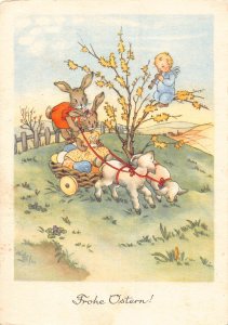 Easter Greetings Lamb Pulled Cart Humanized Rabbits Cherub Flute postcard B698
