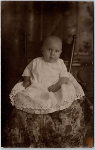 Young Baby Christening Robe Photo Sitting Chair Studio Photograph Old Vintage