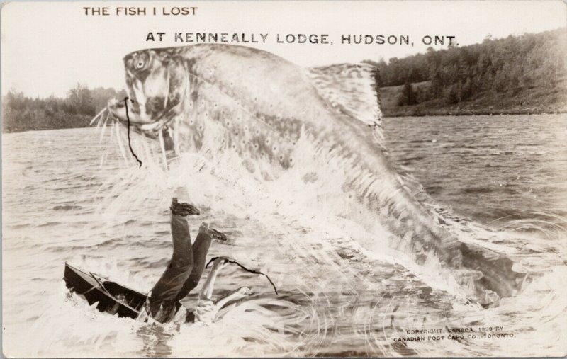 Hudson Ontario Kenneally Lodge Exaggerated Fish Lost Canadian RPPC Postcard G29