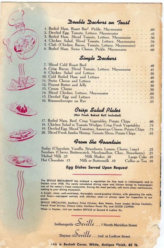 VINTAGE MENU*SEVILLE RESTAURANT*INDIANAPOLIS*DAYTON