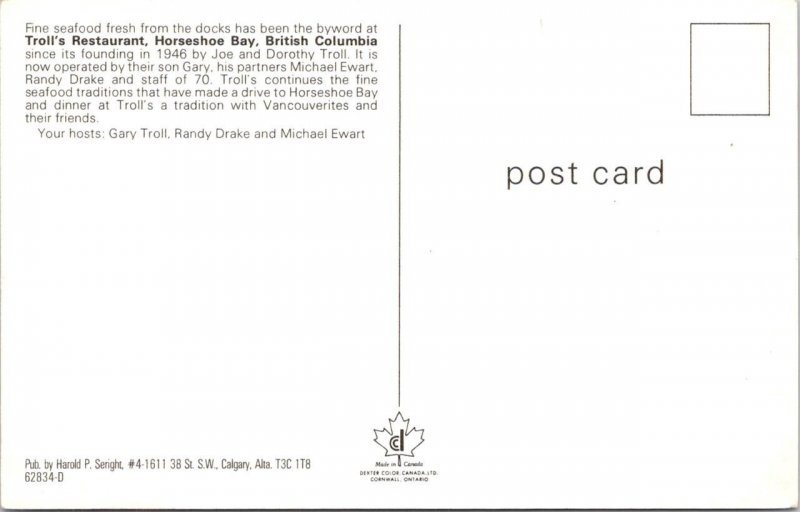 Horseshoe Bay, BC Canada  TROLL'S RESTAURANT~Night View & FERRY BOAT  Postcard