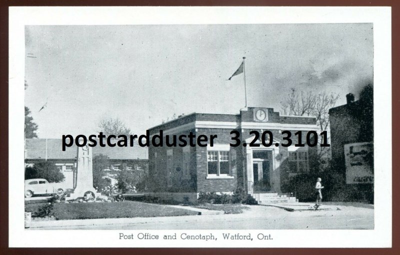 dc51 - WATFORD Ontario Postcard 1930s Lambton. Post Office & Cenotaph