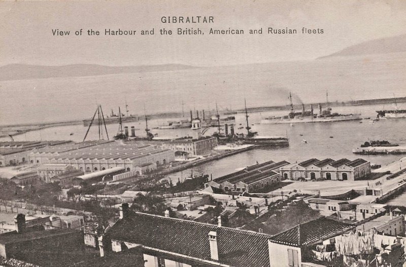 GIBRALTAR~HARBOUR-BRITISH AMERICAN & RUSSIAN FLEETS~ANTIQUE PHOTO POSTCARD