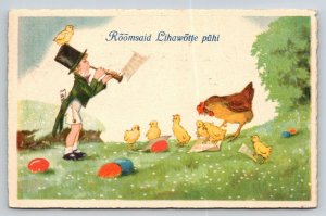 Vintage 1926 Estonian Easter Postcard - Boy with Flute, Chicks, Hen & Eggs
