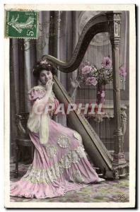 Postcard Old Woman Harp