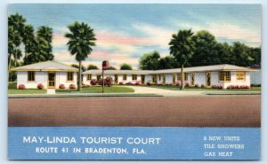 BRADENTON, FL Florida ~ MAY-LINDA TOURIST COURT c1950s Roadside Linen Postcard