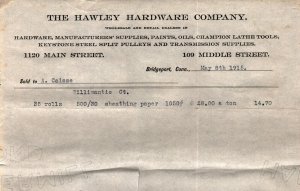 1915  Bridgeport  Connecticut  The Hawley Hardware Co.  Receipt  8 x 5