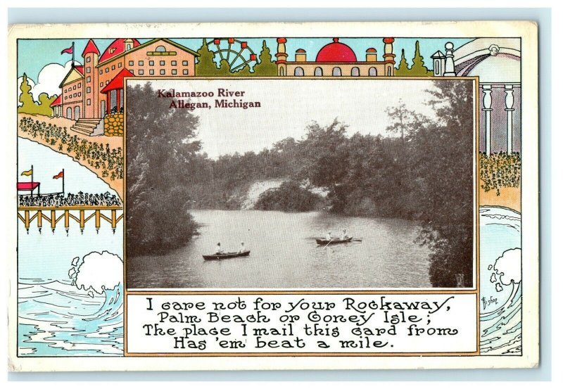 1911 I Care Not For Your Rockaway Kalamazoo River Allegan Michigan MI Postcard