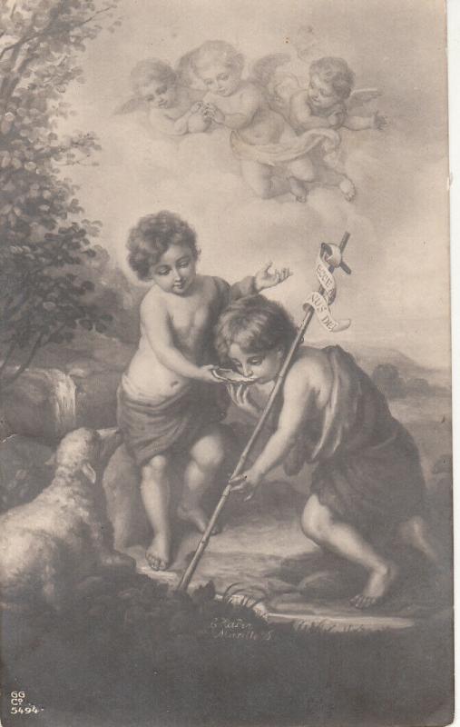 Early religious postcard cupid cherubs lamb angel cupids by Murillo