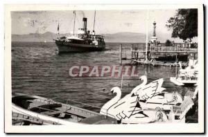 Old Postcard Evian Les Bains Du Passage Boat Switzerland Swans