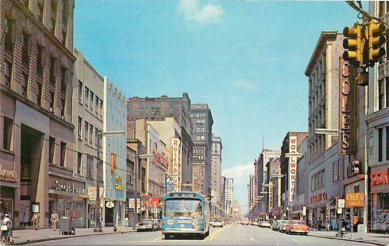 Autos Bus 1950s East Public Square Cleveland Ohio Evans Tichnor postcard 1325