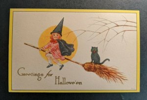 Mint Vintage Greetings for Halloween Girl Witch Black Cat Illustrated Postcard