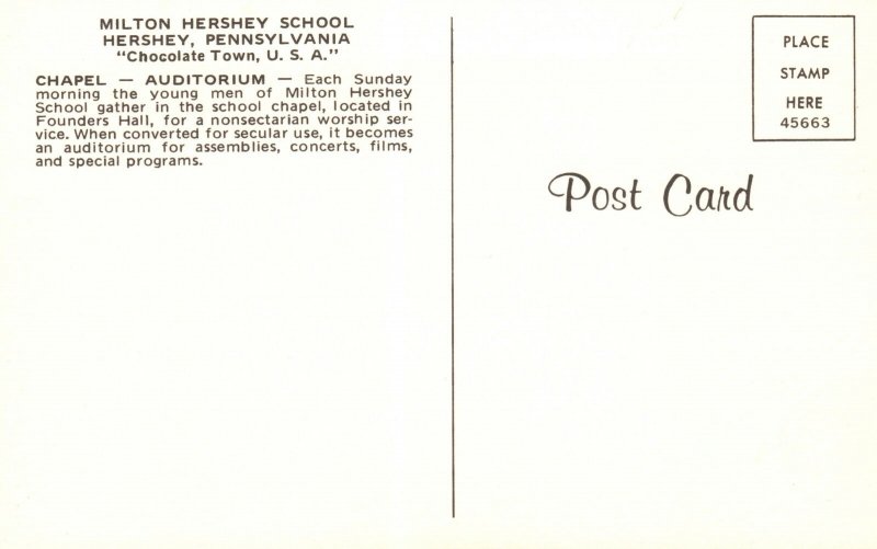 Chapel Auditorium Milton Hershey School Chocolate Town Pennsylvania Postcard