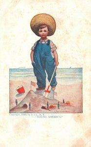 Vintage Postcard 1910's Portrait of Young America Little Boy Sand Beach Flag Art