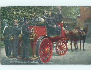 Div-Back FIREMEN ON ANTIQUE HORSE-DRAWN FIRE ENGINE Amsterdam Netherlands hn6319