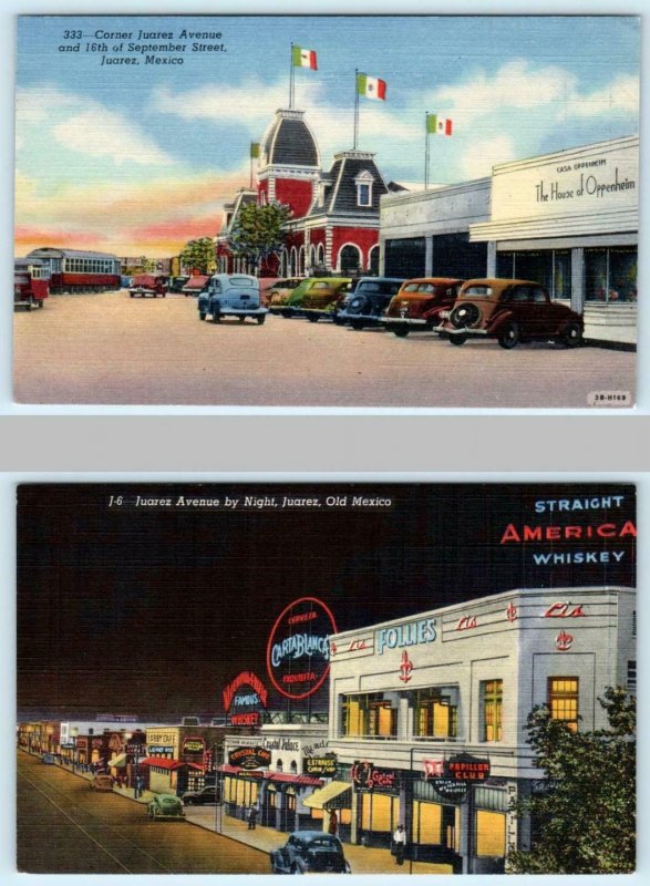 2 Postcards JUAREZ, Mexico ~ Day/Night JUAREZ AVENUE Street Scenes c1940s Linens