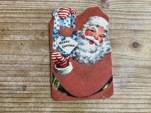 Merry Christmas, Santa Claus with a Present, Flocked, Used, Vintage Christmas...