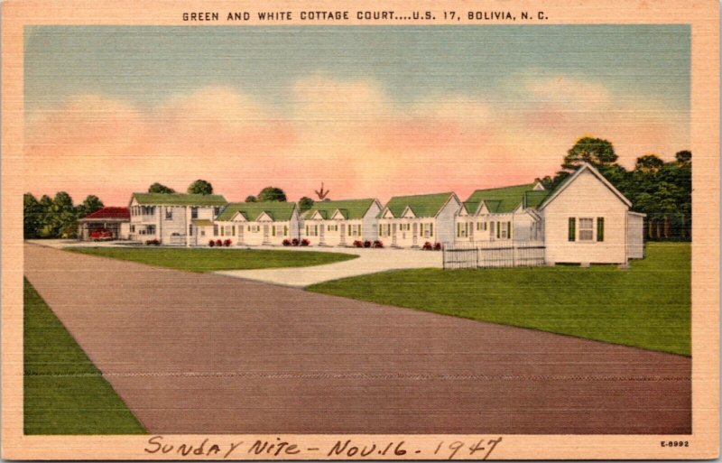 Postcard NC Bolivia - Green and White Cottage Court motel - J.D. Johnson owners
