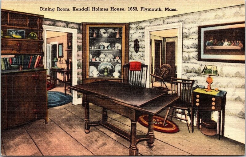 Dining Room Kendall Holmes House Plymouth MA Linen Postcard Tichnor VTG UNP  