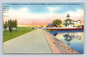 US Gov Lighthouse W End Seawall Along Lake Pontchartrain New Orleans LA Postcard 