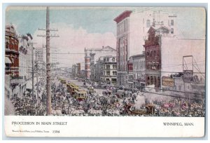 Winnipeg Manitoba Canada Postcard Procession in Main Street c1910 Antique