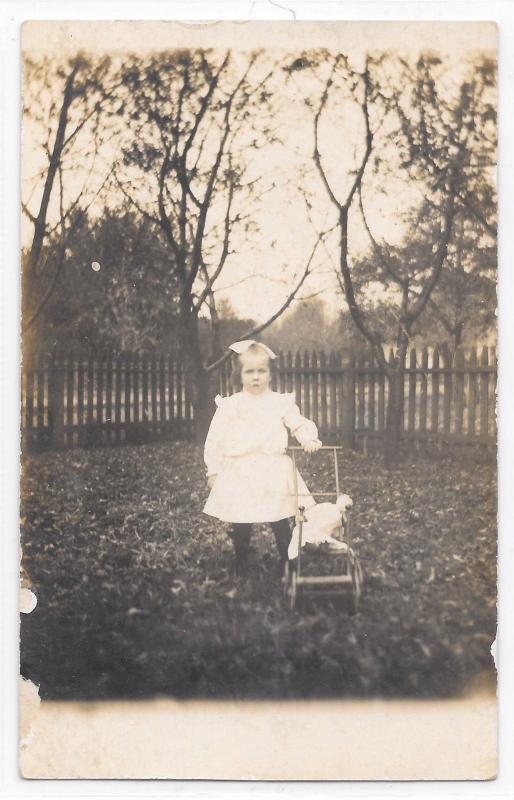 RPPC Real Photo Postcard Little Girl Doll Stroller Angry Face Dress 1904-1918