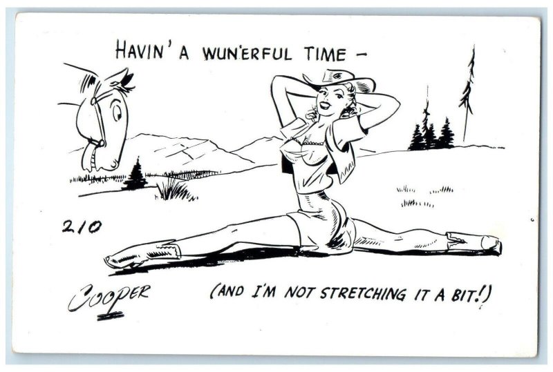 Sexy Cowgirl Havin A Wonderful Time Stretching It A Bit Horse Vintage Postcard