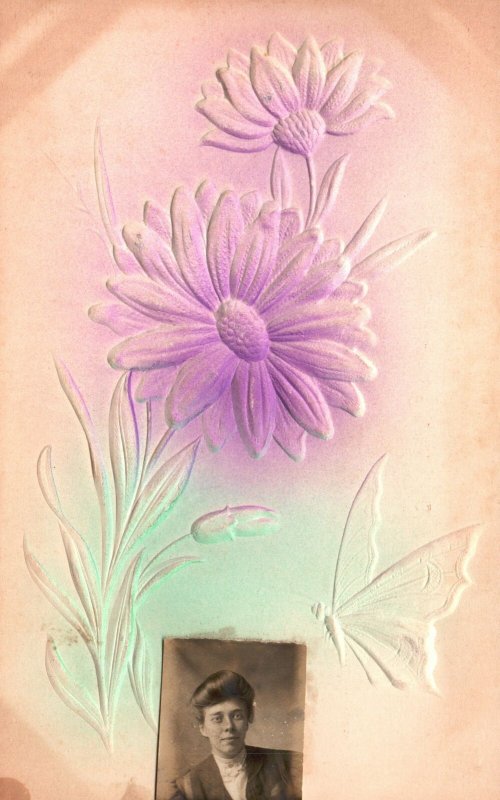 Vintage Postcard Greetings Card To Mrs. Victoria Flower And Butterfly With Photo