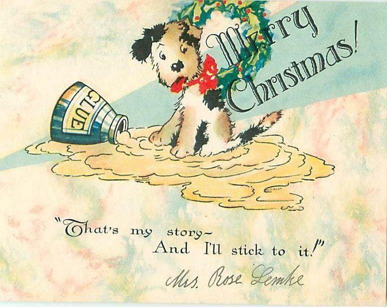 Old Vintage Postcards Merry Christmas Puppy stuck in Glue # 1606A