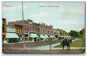 Clarion Iowa IA Postcard Lake Street Business Section Horse Scene 1910 Antique