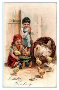 Easter Greeting ~ Cute  Kids & BABY CHICKS, Rooster in Basket c1910s  Postcard