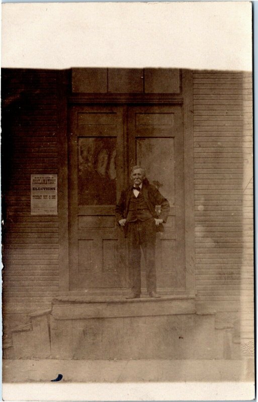 postcard rppc Man outside Sheriff's Office - Proclamation Elections Nov. 3, 1908