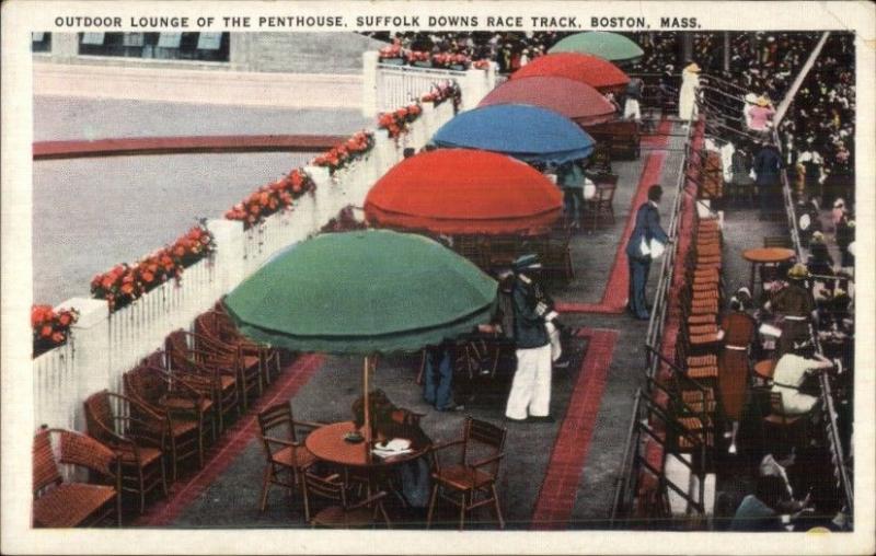 Boston MA Suffolk Downs Race Track Umbrellas c1935 Postcard