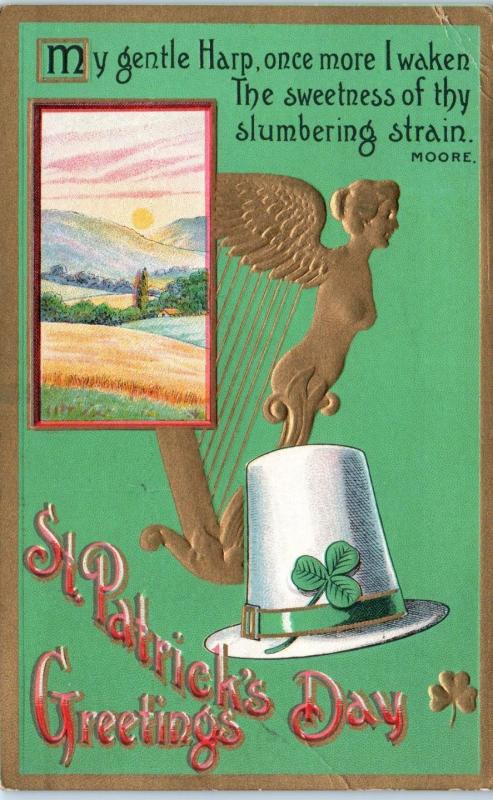 ST PATRICK'S DAY    Greeting    HARP, HAT  Country Scene   1936    Postcard