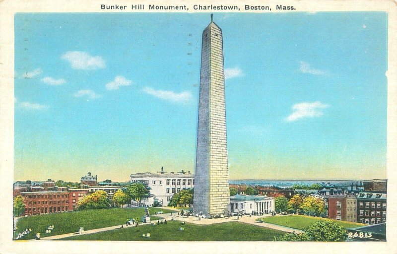 Boston MA Charlestown Bunker Hill Monument 1938 White Border Postcard Used