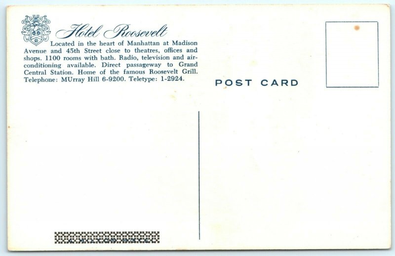 c1950s Hotel Roosevelt, New York City Advertising Postcard Manhattan Hilton A23