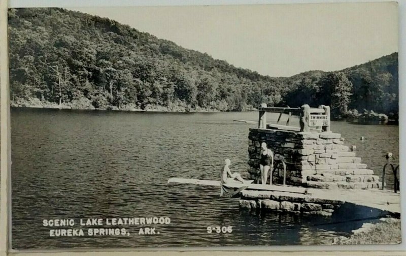 1940s Lake Leatherwood Eureka Springs AR RPPC Postcard Women Diving Board Swim