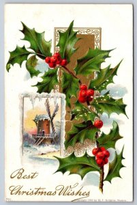 Best Christmas Wishes, Winter Windmill Scene, Holly, 1906 H.I. Robbins Postcard