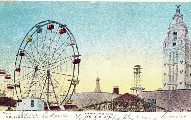 Steeple Chase Park, Coney Island Ferris Wheel, Rides Postcard 1908  D28