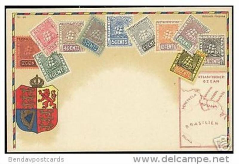 british guyana guiana, STAMP Postcard, Coat of Arms, Map (1910s)